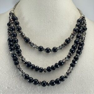 Stunning Unsigned Silver Black Beaded Rondelle Glass Faceted 3 Strand Necklace